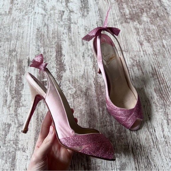 Christian Louboutin Satin Pink Glitter Slingback Heel Size 37 - Picture 1 of 12